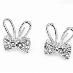 Reinstone Bunny Ears With Bow Stud Earrings NWT
